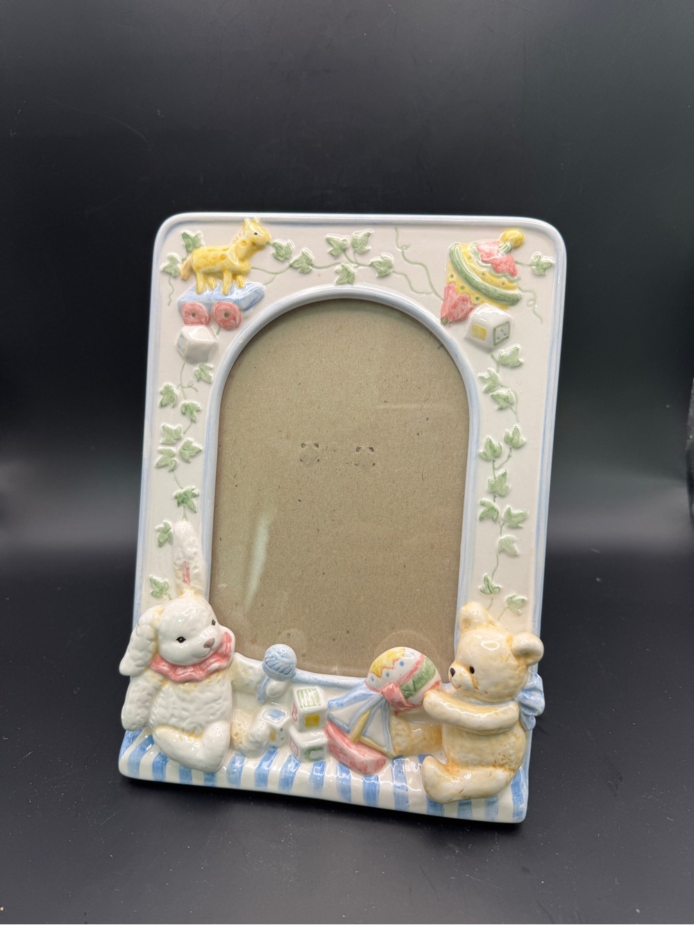 Vintage C.R. Gibson Nursery Ceramic 5x7 Picture Frame with Bunny, Bear - Pastel